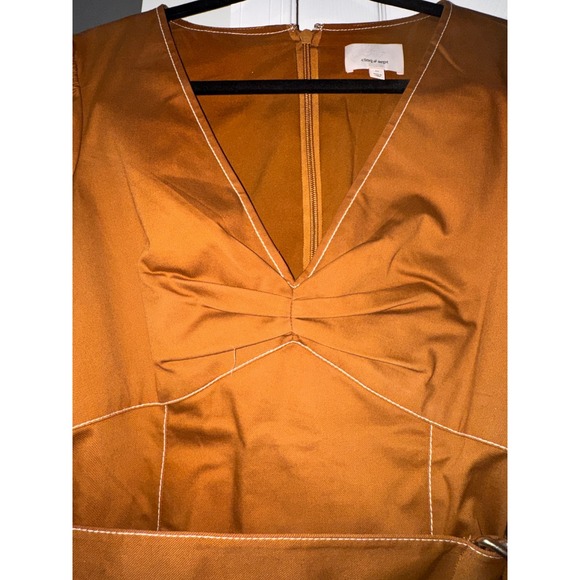 Cinq a Sept Khloe Mini Dress Ochre Brown Contrast Stitch Puff Sleeve Belted 12 - Picture 8 of 10